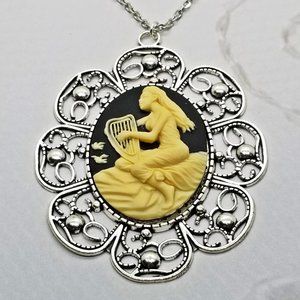 Siren Goddess & Harp Silver Cameo Necklace